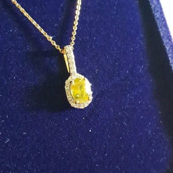 Premium Sava Sphene & White Zircon Halo Pendant On 20" Necklace - Picture 3 of 10